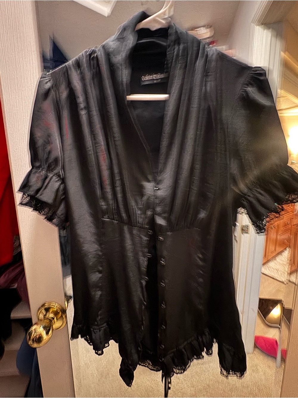 Satin Lace-Trim Button Front Blouse - Black